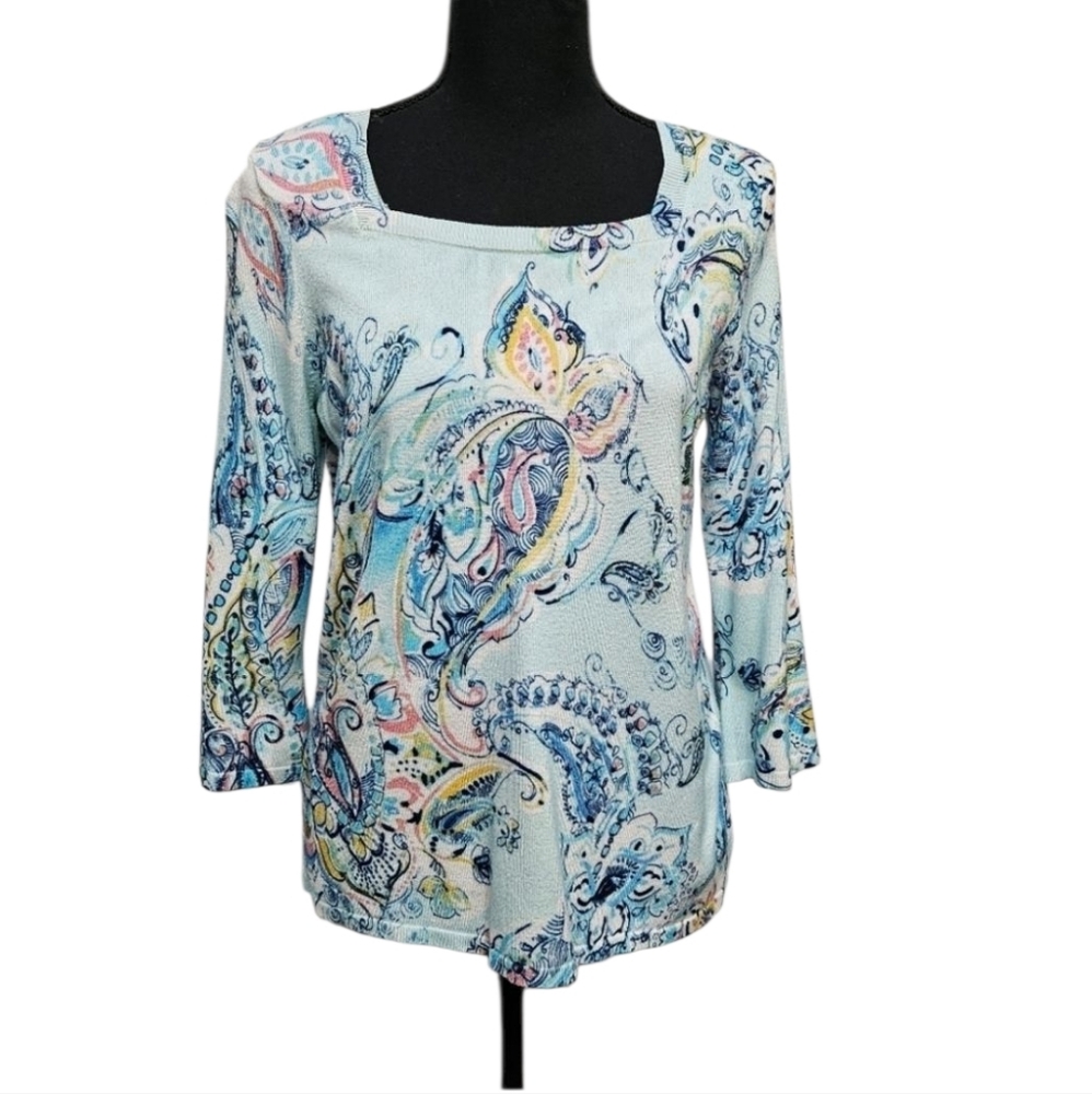 Chico's Paisley Blue Yellow Square Neck Top 72% Rayon 28% Nylon Sz 0 or S